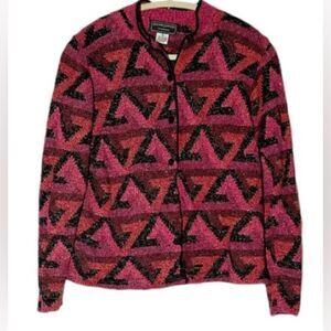 South Cotton Hand Loomed Pink Black Print Cardigan Sweater Size Small